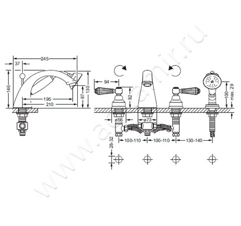 Смеситель для ванны Joerger Delphi Deco 129.40.100.065-11 размеры