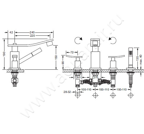 Смеситель для ванны Joerger Empire II 628.40.100.066 размеры
