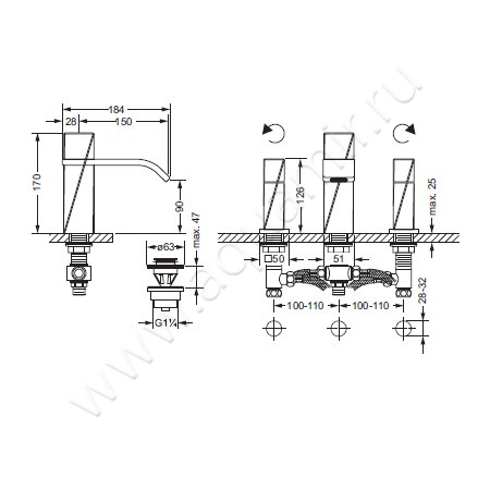 Смеситель для раковины Joerger Turn 623.30.300.020 размеры