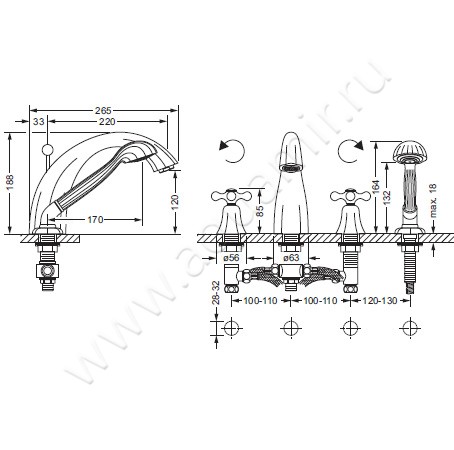 Смеситель для ванны Joerger Ramses 611.40.100.040 размеры