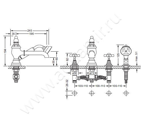 Смеситель для ванны Joerger 1909 629.40.100.066 размеры