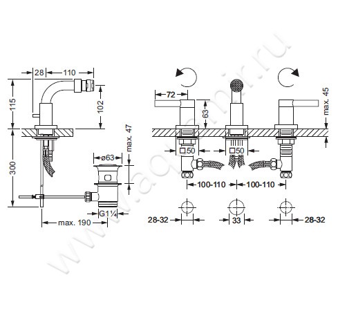Смеситель для биде Joerger Charleston Square 634.30.100.066 размеры