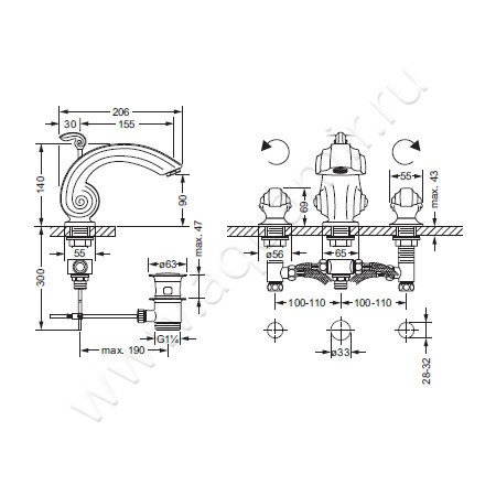 Смеситель для раковины Joerger Muschel 601.30.300.000 размеры