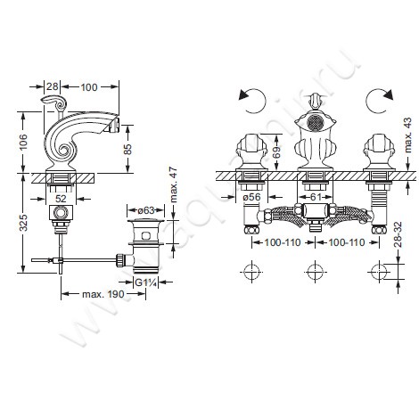 Смеситель для биде Joerger Muschel 601.30.100.000 размеры