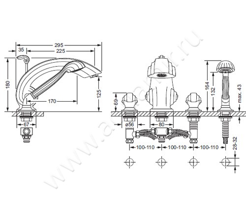 Смеситель для ванны Joerger Muschel 601.40.100.040 размеры
