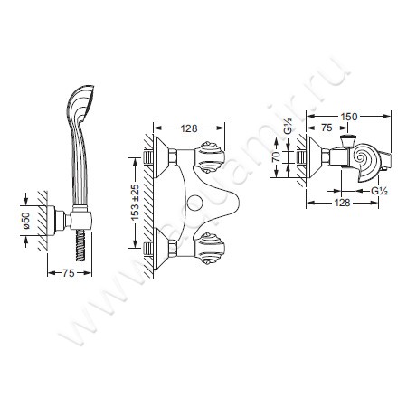 Смеситель для ванны Joerger Muschel 601.20.100.040 размеры