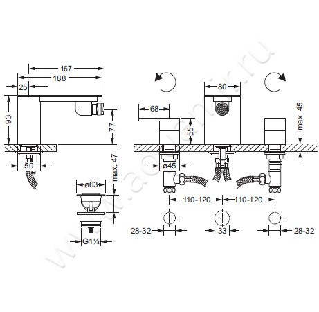 Смеситель для биде Joerger Plateau 630.30.100.065 размеры