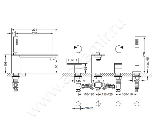 Смеситель для ванны Joerger Plateau 630.40.100.000 размеры