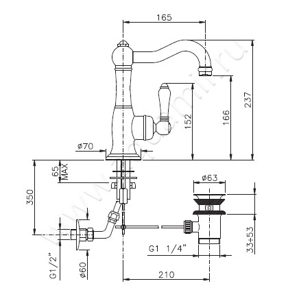 Смеситель для раковины Nicolazzi Cinquanta 3452GO75C размеры