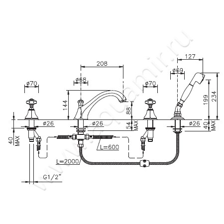 Смеситель для ванны Nicolazzi Teide 1904CR15 размеры