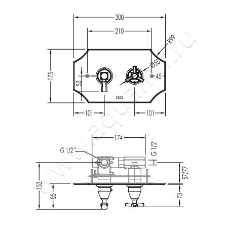 Встраиваемый смеситель термостатический Devon & Devon Time 2TIME248OT размеры