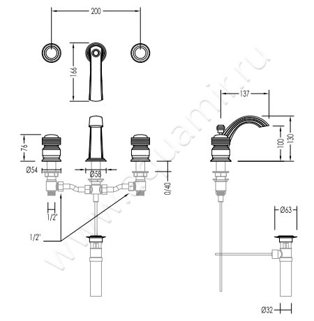 Смеситель для раковины Devon & Devon Royal EXC-RY100CR размеры