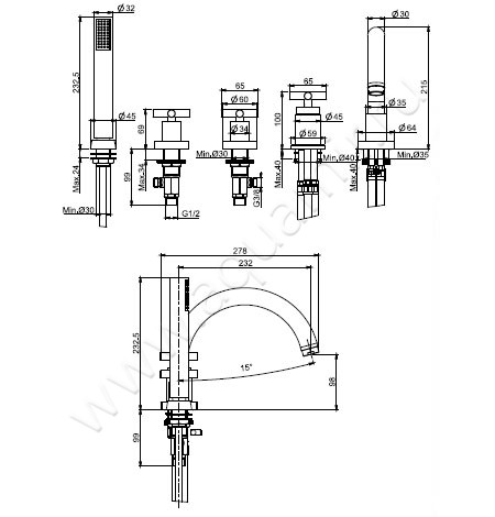 Смеситель для ванны Carlo Frattini Maxima F5314SN размеры