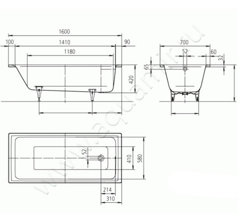 Ванна стальная Kaldewei Puro 258300010001 размеры