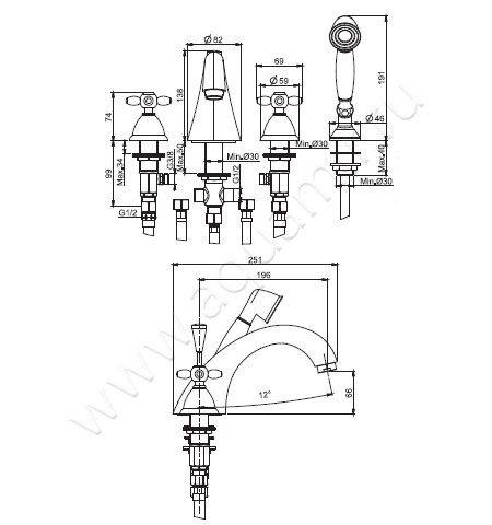 Смеситель для ванны Carlo Frattini Olivia F5014CR размеры