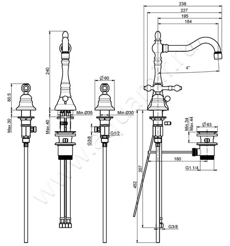 Смеситель для раковины Carlo Frattini Epoque F5051CR размеры