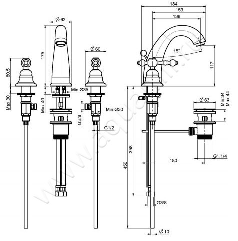 Смеситель для раковины Carlo Frattini Epoque F5071OR размеры