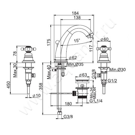 Смеситель для раковины Carlo Frattini Elizabeth F5101OR размеры