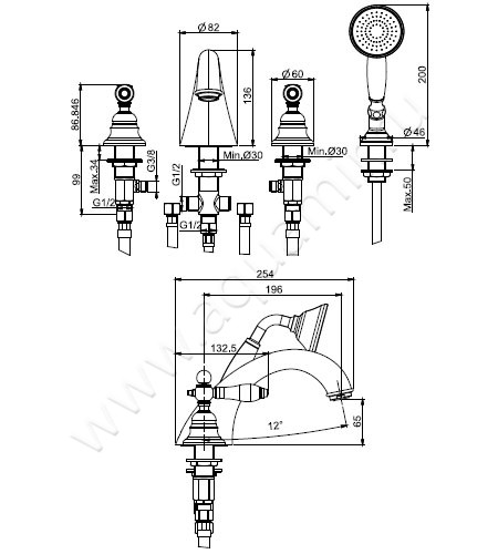 Смеситель для ванны Carlo Frattini Herend F5414SN размеры