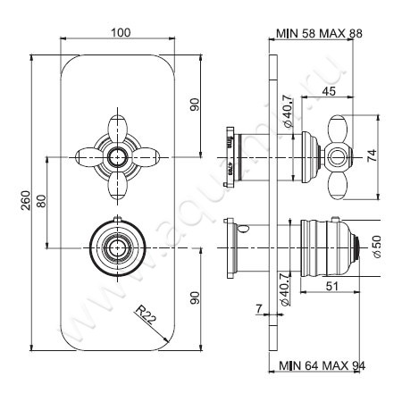Встраиваемый смеситель для ванны с термостатом Carlo Frattini Fimatherm F5009X7RA размеры