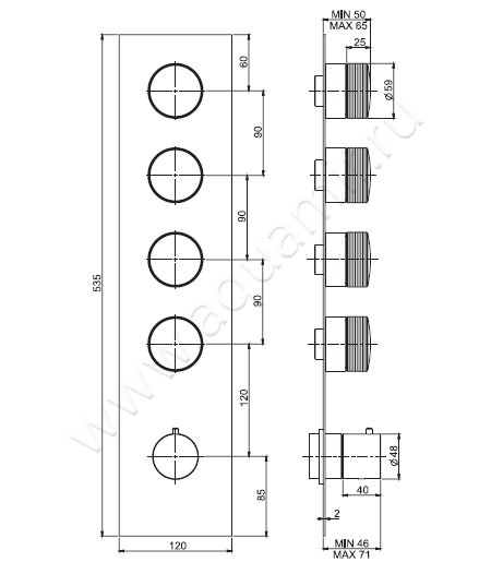 Встраиваемый смеситель для ванны с термостатом Carlo Frattini Fimatherm F5603X4HOR размеры