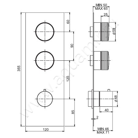 Встраиваемый смеситель для ванны с термостатом Carlo Frattini Fimatherm F5603X2HBS размеры