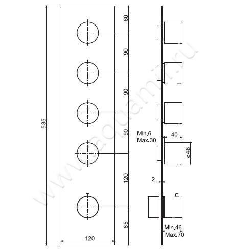 Встраиваемый смеситель для ванны с термостатом Carlo Frattini Fimatherm F3869X4SN размеры