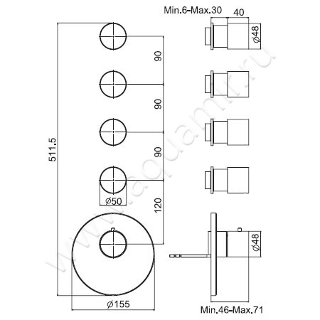 Встраиваемый смеситель для ванны с термостатом Carlo Frattini Fimatherm F3253X4OR размеры