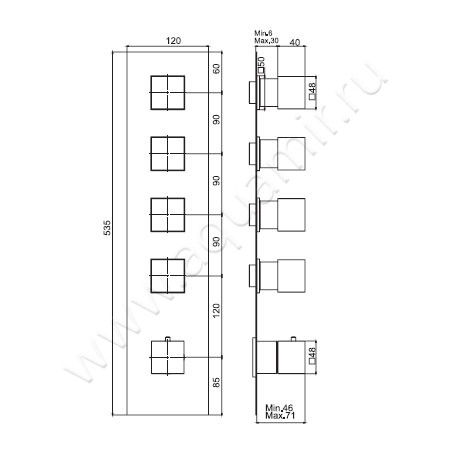 Встраиваемый смеситель для ванны с термостатом Carlo Frattini Fimatherm F3513X4BS размеры