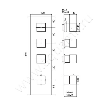 Встраиваемый смеситель для ванны с термостатом Carlo Frattini Fimatherm F3513X3CR размеры