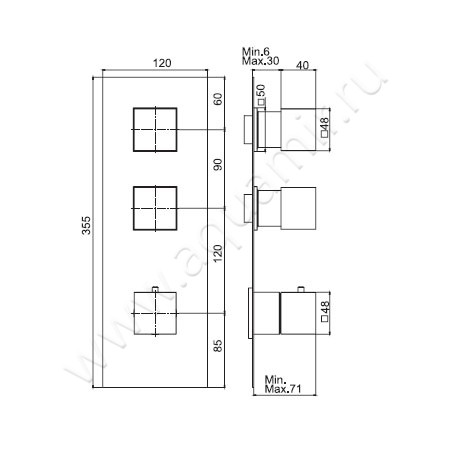 Встраиваемый смеситель для ванны с термостатом Carlo Frattini Fimatherm F3513X2BS размеры