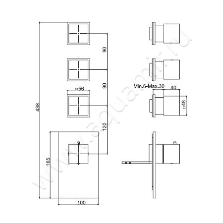 Встраиваемый смеситель для ванны с термостатом Carlo Frattini Fimatherm F3973X3SN размеры