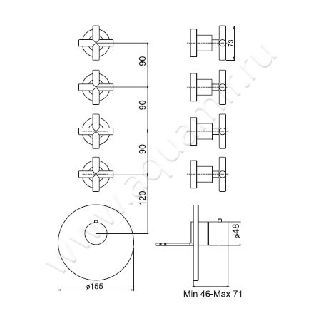 Встраиваемый смеситель для ванны с термостатом Carlo Frattini Fimatherm F5333X4SN размеры