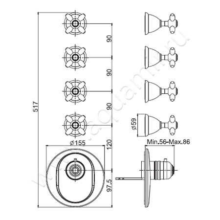 Встраиваемый смеситель для ванны с термостатом Carlo Frattini Fimatherm F5043X4OR размеры