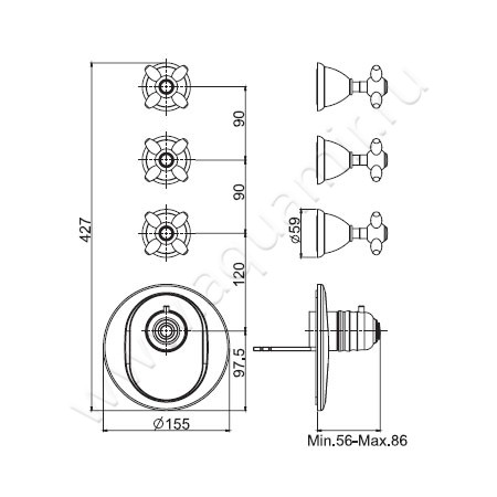 Встраиваемый смеситель для ванны с термостатом Carlo Frattini Fimatherm F5043X3SN размеры