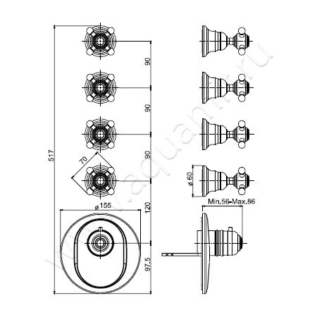 Встраиваемый смеситель для ванны с термостатом Carlo Frattini Fimatherm F5113X4OR размеры