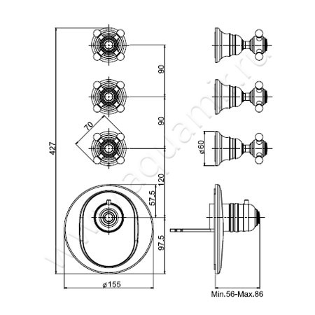 Встраиваемый смеситель для ванны с термостатом Carlo Frattini Fimatherm F5113X3OR размеры