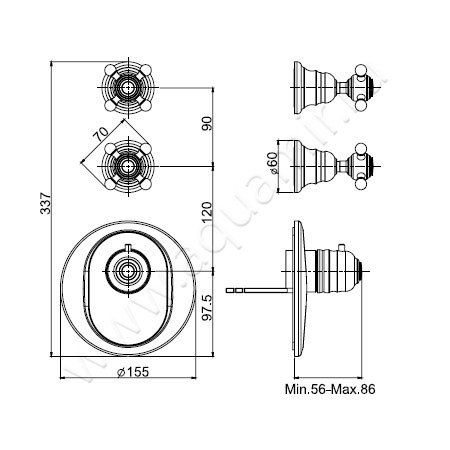 Встраиваемый смеситель для ванны с термостатом Carlo Frattini Fimatherm F5113X2CR размеры