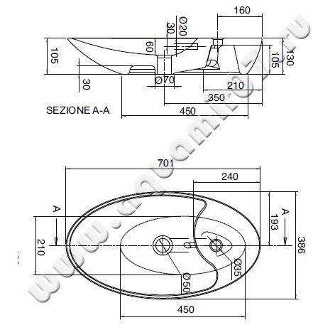Раковина-чаша накладная с отверстием под смеситель Scarabeo Shape 8097 размеры