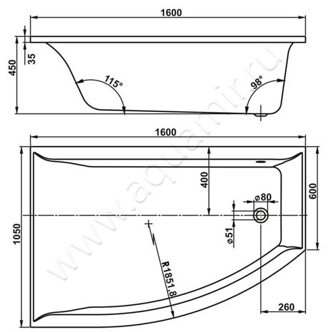 Ванна акриловая Vagnerplast Veronela VPBA160VEA3PX-04 размеры