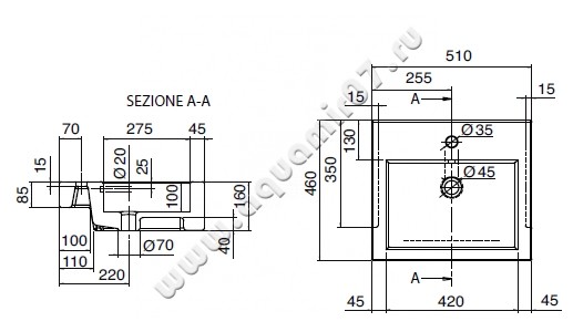 Раковина полувстраиваемая Scarabeo Square 8025D размеры