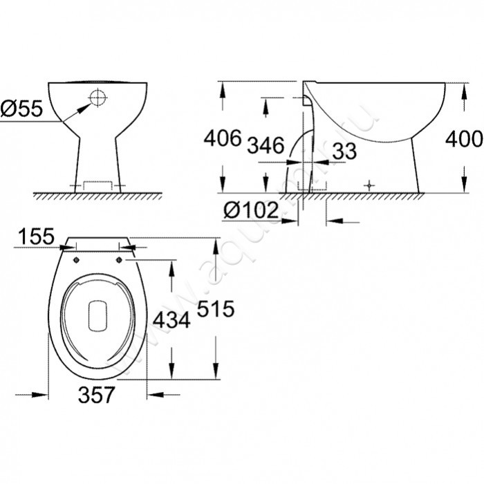 Унитаз приставной Grohe BAU CERAMIC 39431000 размеры