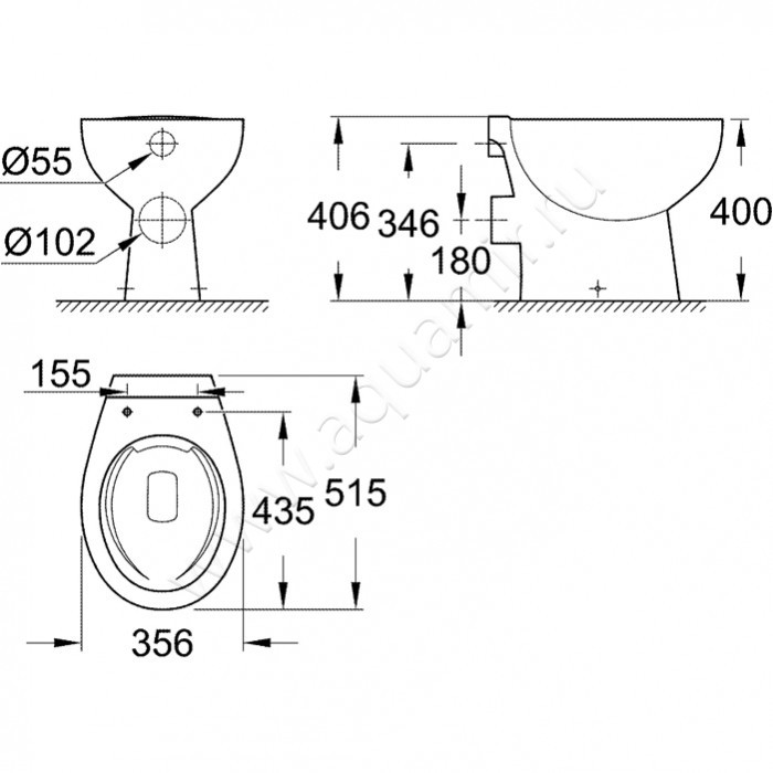 Унитаз приставной Grohe BAU CERAMIC 39430000 размеры