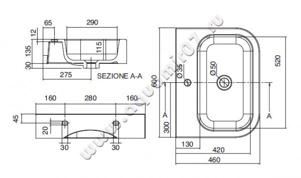 Раковина-чаша накладная с отверстием под смеситель Scarabeo Next 8308 размеры