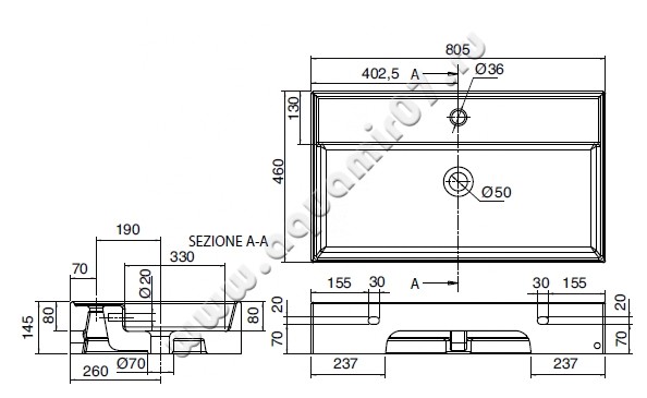 Раковина-чаша накладная с отверстием под смеситель Scarabeo Teorema 8031R80 размеры