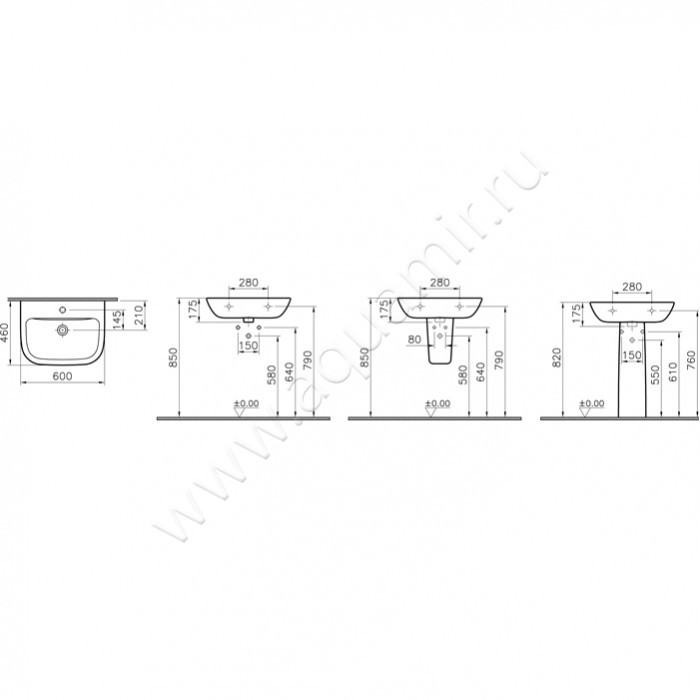 Раковина подвесная Vitra S20 5503B003-0001 размеры