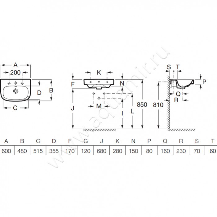Раковина подвесная Roca Debba 7.3279.9.400.Y размеры
