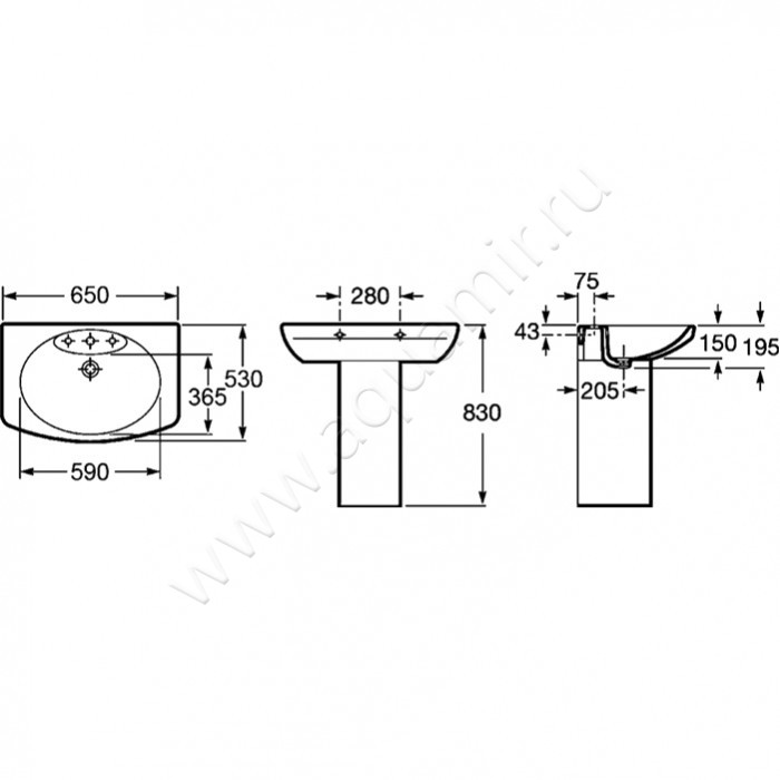 Раковина подвесная Roca Dama Senso 7.3275.1.100.0 размеры