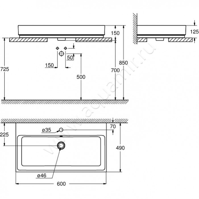 Раковина-чаша накладная с отверстием под смеситель Grohe Cube Ceramic 3947700H размеры