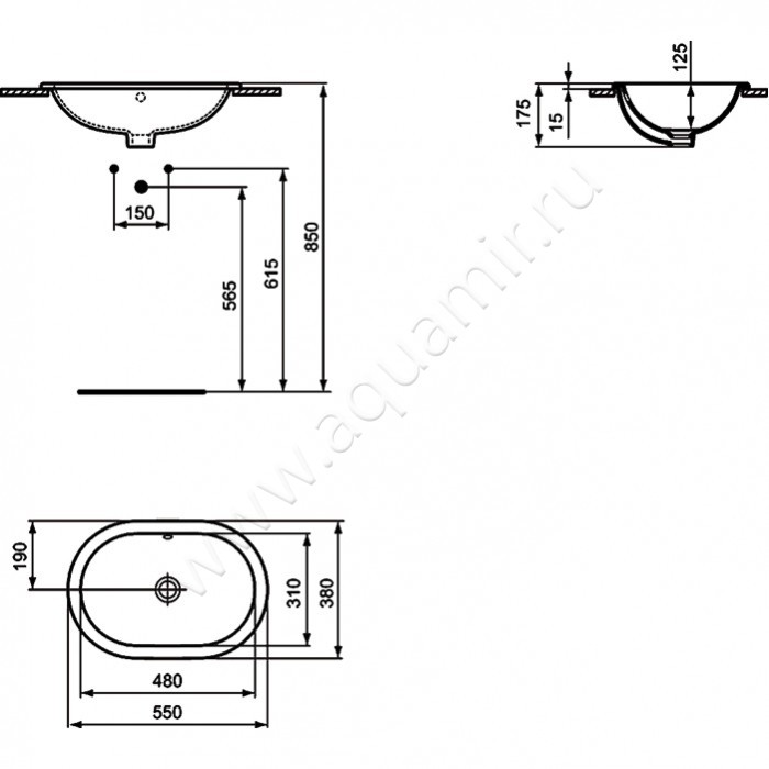 Раковина встраиваемая сверху на столешницу без отверстий Ideal Standard Connect E504701 размеры